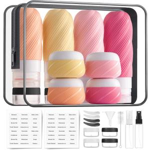 LitBear 23 Pack TSA Approved Travel Bottles for Toiletries, Leak Proof Refillable Travel Size Containers Kit with Silicone Squeezable Bottles Jars for Shampoo Lotion Conditioner, in Clear Bag, Pink