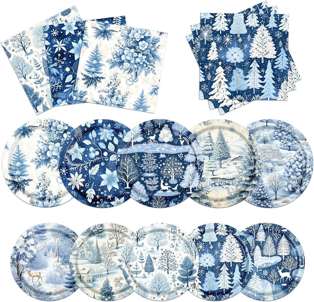 Blue Christmas Decorations Dinnerware Set 60pcs Christmas Plates and Napkins Winter Wonderland Xmas Tree Xmas Reindeer Disposable Tableware For Xmas Winter Holiday Party Supplies