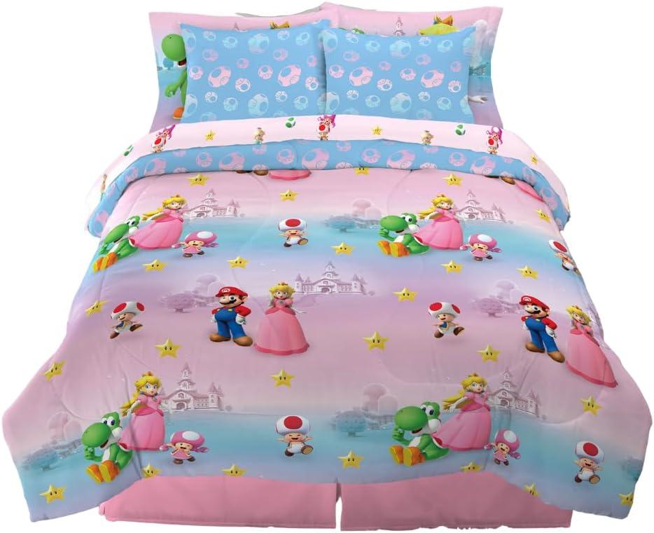 Franco Super Mario Girl Princess Peach Girl Gamer Kids Bedding Super Soft & Cozy Reversible Microfiber Comforter and Sheet Set with Sham, 7 Piece Full Size, (Officially Licensed Product)