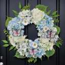 Valery Madelyn Spring Summer Wreaths for Front Door with Lights, Silk Blue White Hydrangeas Floral Wreath with Eucalyptus Leaves Butterfly for Home Porch Window Party Wedding Arch Decor-18''
