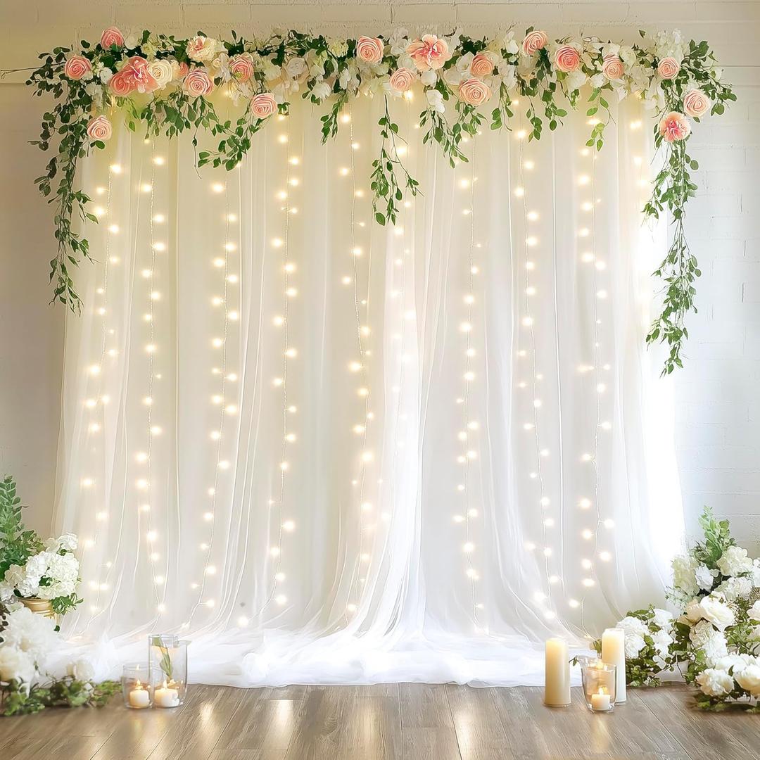 Fomcet Tulle Backdrop Curtains with Lights String White 10FT X 8FT Sheer Curtain with Lights Tulle Curtains Backdrop for Wedding Birthday Party Baby Shower Photo Shoot (2 Panels 5x8FT)