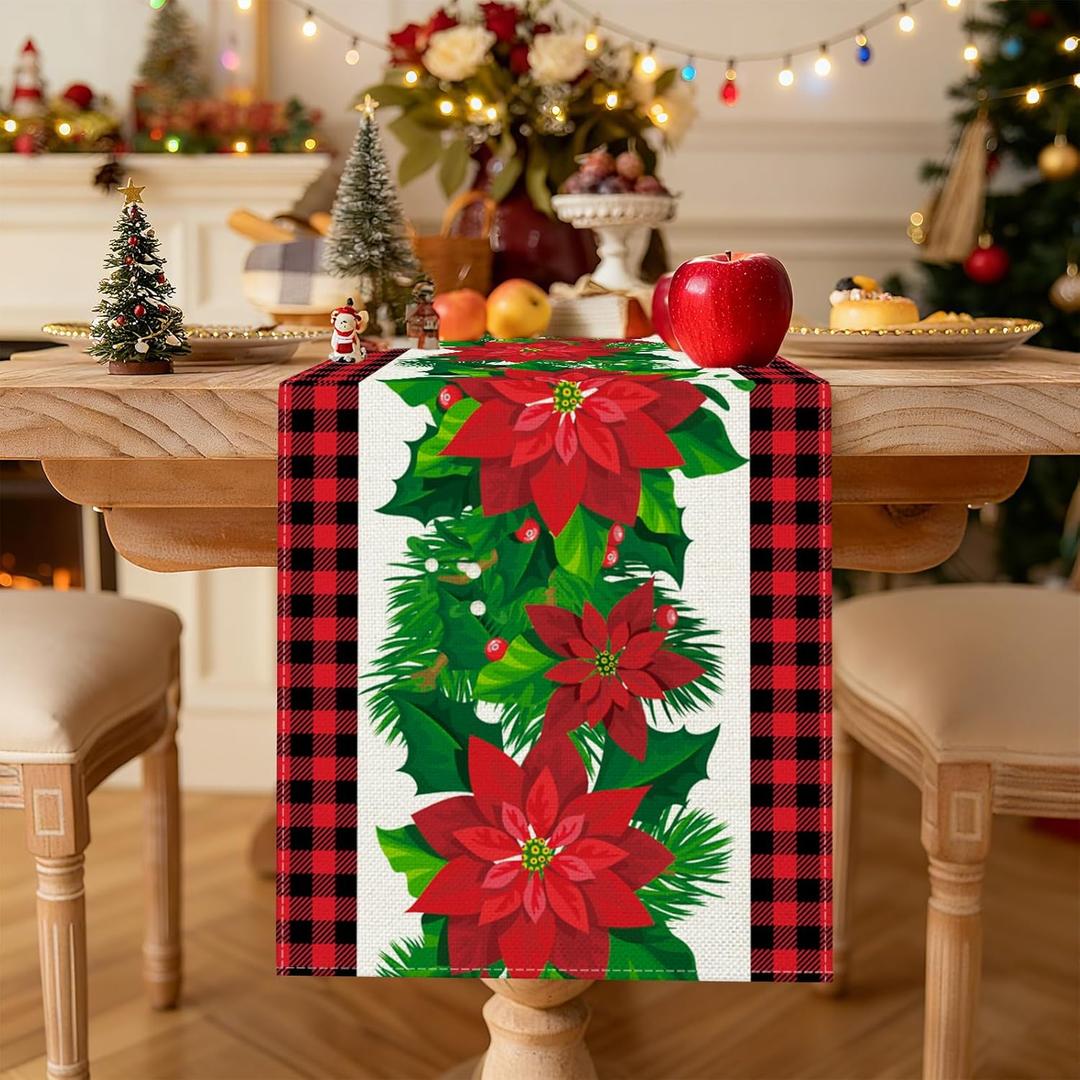 OTOSTAR Black and Red Buffalo Check Plaid Holly Christmas Flowers Table Runner, Xmas Seasonal Winter Holiday Kitchen Dining Table Decoration for Home Party Decor 13x72 Inch