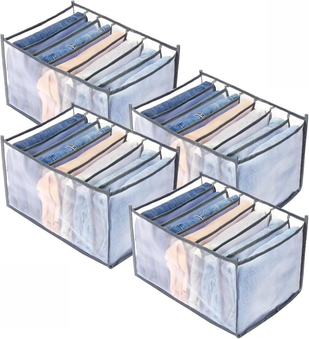 TIGARI Wardrobe Clothes Organizer, Drawer Organizer for Clothing, Closet Organizers and Storage, Drawer Dividers for Clothes, Mesh Separation Box for Thin Jeans, Trousers, T-shirts, Skirts (Thin Jeans 7 Grids-4Pcs)