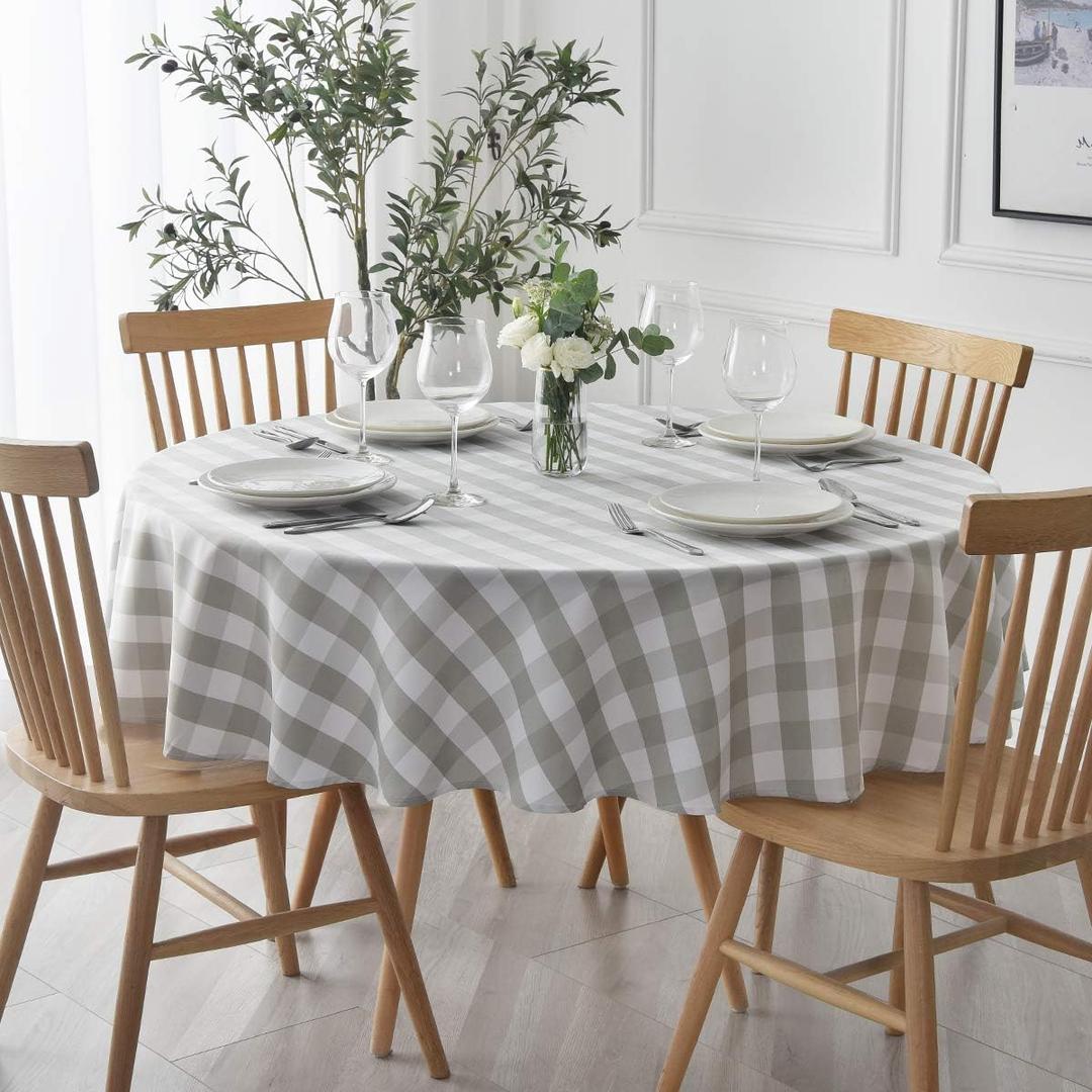 Maxmill Round Checkered Tablecloth Spillproof Wrinkle Free Heavy Weight Gingham Table Cloth for Circular Table Buffalo Plaid for Buffet Banquet Parties Holiday Dinner 70 Inch Gray and White