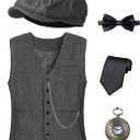 Kids 1920s Costume for Boys Vest Hat Pocket Watch Accessories Set Party Cosplay 10-11Years