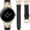 Wearlizer Leather Bands Compatible with Google Pixel Watch 4/3 41mm/Pixel Watch 2/1 Band Women, Dressy Designer Slim Leather Strap with D-Shape Metal Buckle for Pixel Smartwatch Accessories (Black/Champagne Gold)