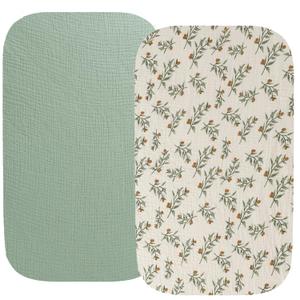 Muslin Bassinet Sheet Compatible with Papablic, Cowiewie, HARPPA, Nordmiex (3 in 1), AMKE Bassient(33x19), 2 Pack Cotton Fitted Bassinet Sheets Super Soft for Baby Roman Green & Botanical Leaf