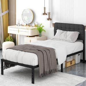 Likelalaso Twin XL Bed Frame with Upholstered Headboard, 14 inch Twin XL Metal Bed Frames, Steel Slat Support, Noise Free, No Box Spring Needed, Easy Assembly, Black