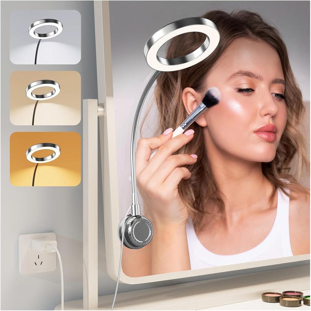 Suction Cup LED Vantiy Lights for Mirror, Flexible Gooseneck Stick on Selfie Ring Light for Makeup Vanity Table & Bathroom Mirror, 3 Color Modes & 10 Brightness, Plug in, Silver (17"L x 4.7"W)