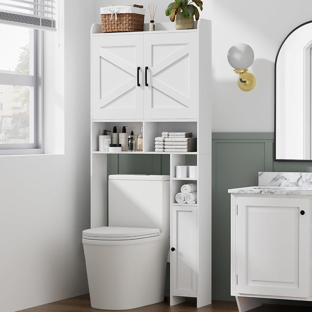 Homhedy Over The Toilet Storage Cabinet with 2 Barn Door and Toilet Paper Holder Stand, FreeStanding Toilet Shelf Space Saver, for Bathroom, Restroom, Laundry, White, 7.8"D x 30.7"W x 65.4"H