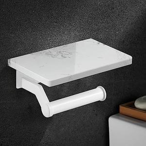 Hoimpro White Aluminum Toilet Paper Holder with White Natural Marble Shelf, Wall Mounted Tissue Hand Paper Roll Storage Holder for Bathroom Kitchen Washroom Bedroom
