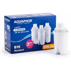 AQUAPHOR B15 Water Filter Replacement - 3 Pack | Fast Flow Water Filtration | Lasts 2 Months or 45 Gallons Per Filter | BPA-Free | Reduces Chlorine & Heavy Metals | Improved Taste & Filtered Water
