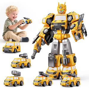 5 in 1 Transform Magnetic Construction Robot Toys Gifts for 3 4 5 6 Year Old Boys Kids, Easy DIY Assembly, Transforming Trucks Toys for Boys Kids, Ideals 3 4 5 6 Year Old Boy Birthday Gift (Yellow)