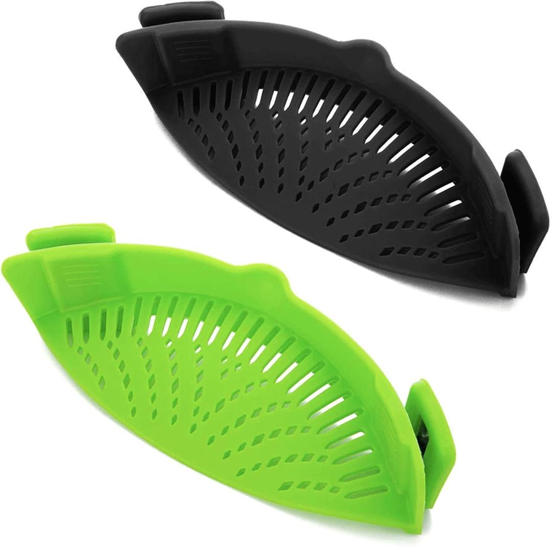 2 Pcs Clip on Strainer, Pot Strainer for Pasta Meat Vegetables Fruit, Silicone Strainers - Fit All Pots Bowls. (Black, Green)