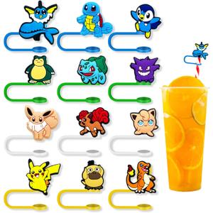 12Pcs Straw Covers Cap for Tumblers, Cute Cartoon Straw Topper, Silicone Straw Tip Covers for Drinking Straws (12Pcs Anime 8mm 91)