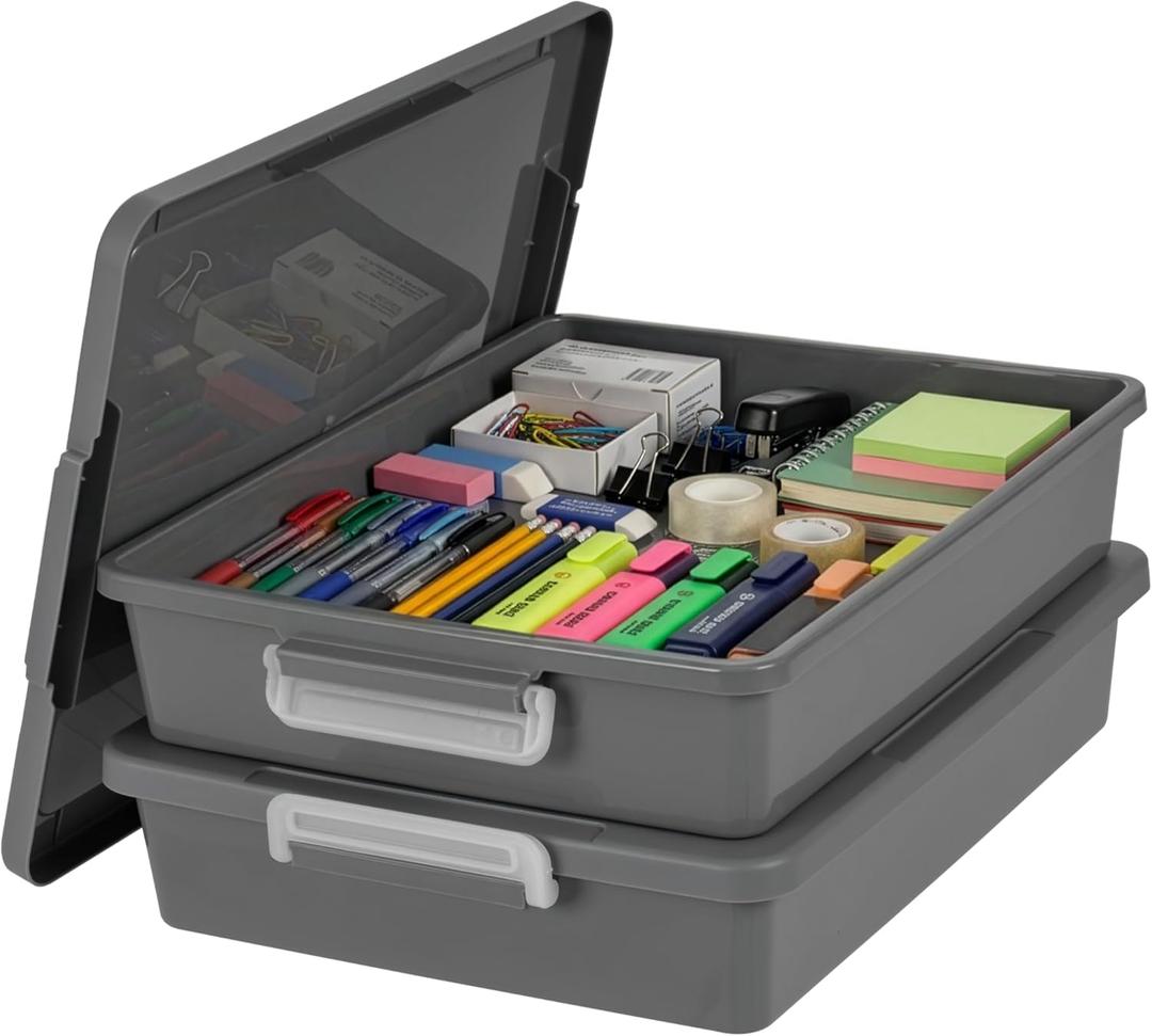 IRIS USA 6 Qt. Plastic Craft Storage Container Bins with Lids, 2 Pack, Small Art & Office Supply Organizer Tote, Sensory Bins & Boxes for Home & University, Stackable, Secure Latch Buckles, Gray