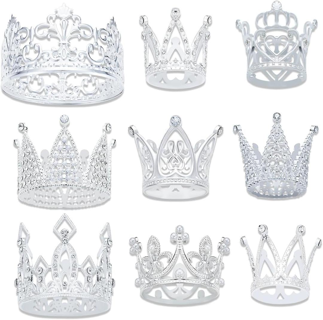 9 Pieces Crown Cake Topper, Princess Little Crown Heart shaped Diamond Alloy Pink Silver Crown, Mini Crown, Birthday Cake Baking Decoration Paper Cup Cake Decoration (9 PCS Crown Cake Silver)