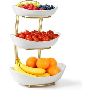 Fruit Bowl for Kitchen Counter - 3 Tier Ceramic Fruit Basket with Gold Metal Stand, Fruit Holder for Snacks, Nuts, Cakes, Desserts, Bread, Candy Storage (White)
