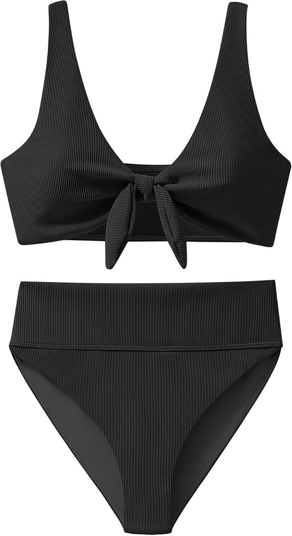 ANRABESS Bikini Sets for Women Summer High Waisted 2 Piece Bathing Suit Ribbed Tie Knot Swimsuit 2026 Beach Vacation Swimwear, Black, X-Large