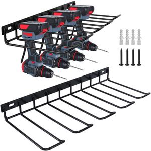 WellMade Power Tool Organizer Wall Mount, Drill Holder, 2 Pack Black Steel Drill Holder Wall Mount for Garage, Holds 4 Tools, 80LB Capacity, Easy Install with Screws & Anchors