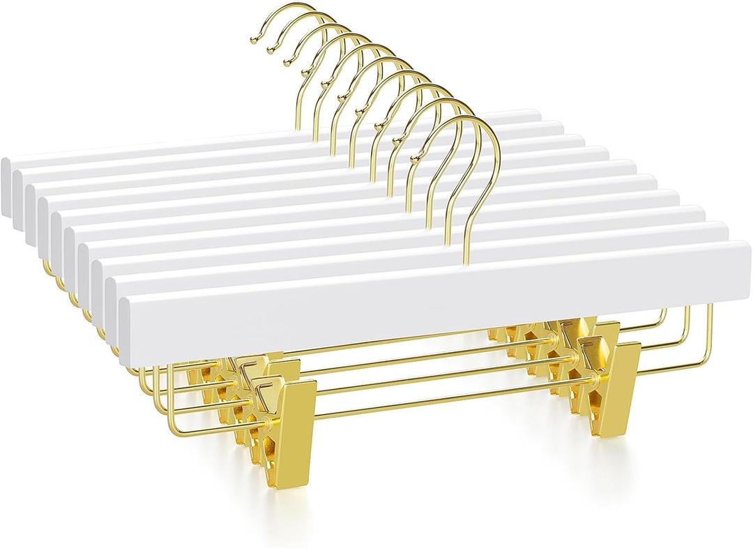 TOPIA HANGER White Wooden Pants Hangers with Gold Clip, 10 Pack Skirt Short Trousers Jeans Slacks Hangers with 360 Swivel Hook and 2 Adjustable Clips with Rubber Padded for Closet, CT50WG