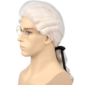 Mens Judge Colonial Wig with Glasses Long Blonde Powdered Wavy Wig Costume Cosplay Halloween Party White Wigs (Beige)