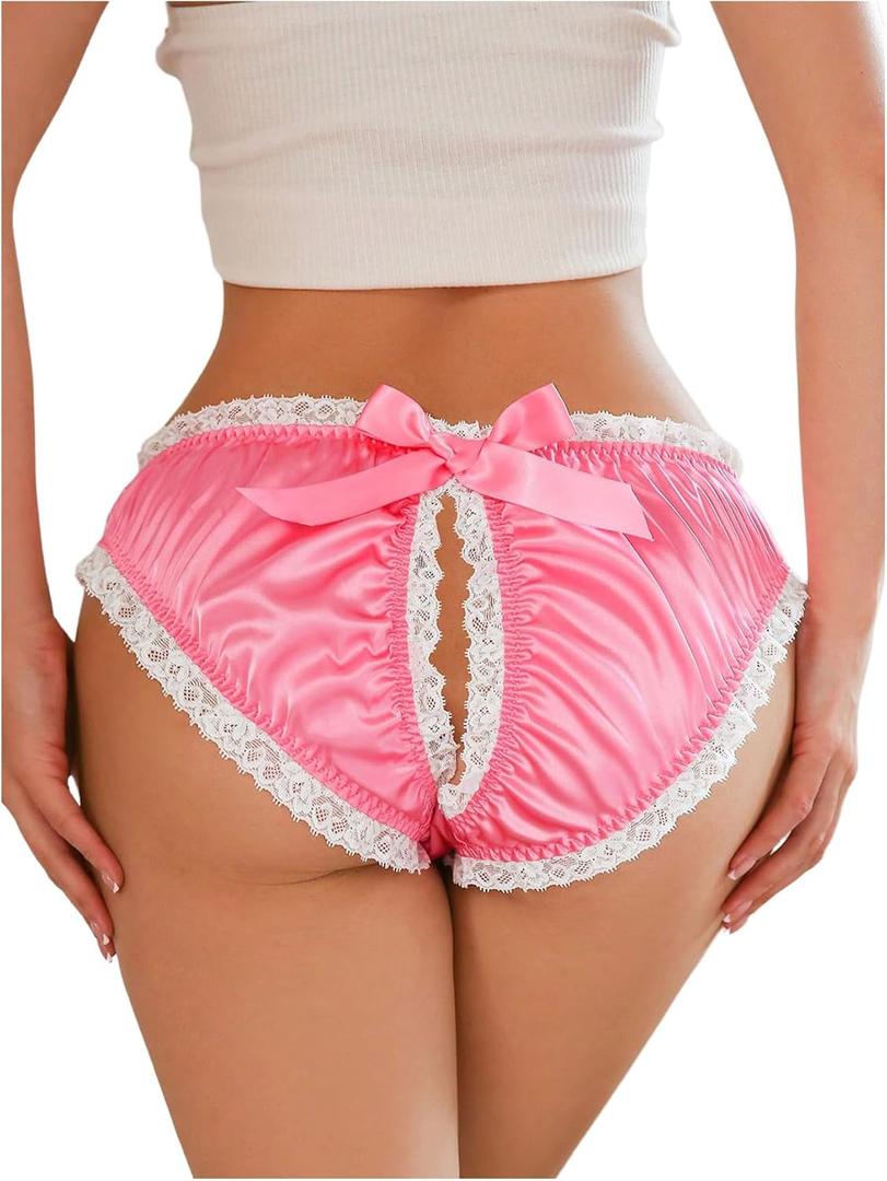 OYOANGLE Women's Satin Panties Cut Out Lace Trim Bow Briefs Cute Mid Rise Lingerie Underwear (Large, Hot Pink)