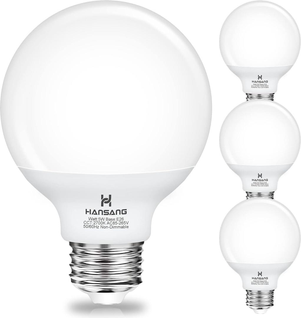 hansang G25 LED Globe Light Bulbs, Bathroom Vanity Light Bulbs E26 Base Warm White 2700K for Bedroom Makeup Mirror Lights, 60W Equivalent(5W), 500LM Non-dimmable,4Pack