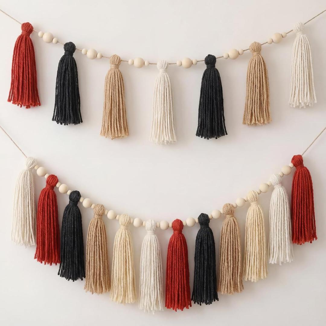 2 Pcs Tassel Garland with Wood Beads, 6.89 ft Handmade Cotton Yarn Wall Hanging Banner Boho Tassel Wall Party Decor for Nursery Baby Shower Classroom Birthday Home Decoration(Retro)