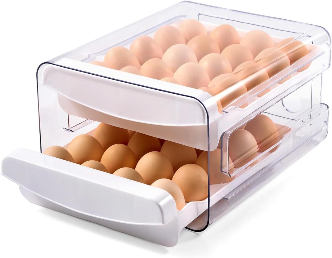 Egg Container Holders Dispenser for Refrigerator 40 Eggs, 2 Tier Clear Stackable Holder Tray with Drawer for Fridge, Storage Container with Handles for Refrigerator, Countertop, White