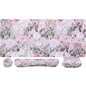 MEGREZ 4-in-1 Ergonomic Memory Foam Wrist Support Set, Desk Pad + Mouse Pad with Wrist Rest + Keyboard Wrist Rest + Coaster, Keyboard and Mouse Pad for Pain Relief, Office, and Gaming, Pink Flowers