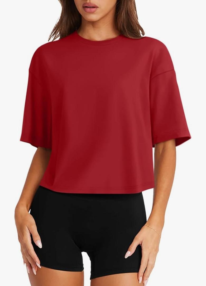 LASLULU Womens Cotton Short Sleeve Workout Shirts Loose Fit Crop Tops Yoga Gym Tee Casual Athletic Running T-Shirts Size Medium