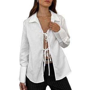Linen Tops for Women - V Neck Tie Front Tops Long Sleeve Blouse Shirt Top Summer Casual Going Out Tops (White, XXL)