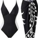 Womens One Piece Tummy Control Swimsuit Set with Wrap Skirt Cover Up V Neck Slimming Retro Bathing Suit (Small, Blackwhite)