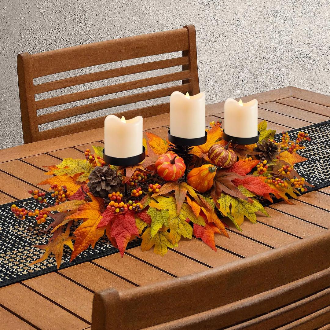 Fall Centerpiece Table Decorations, 27.5'' L Assorted Artificial Pumpkins, Pine Cones, Berries, and Autumn Leaves Harvest Table Candle Holder for Dinning Table, Fireplace Mantel (Candle Not Included)