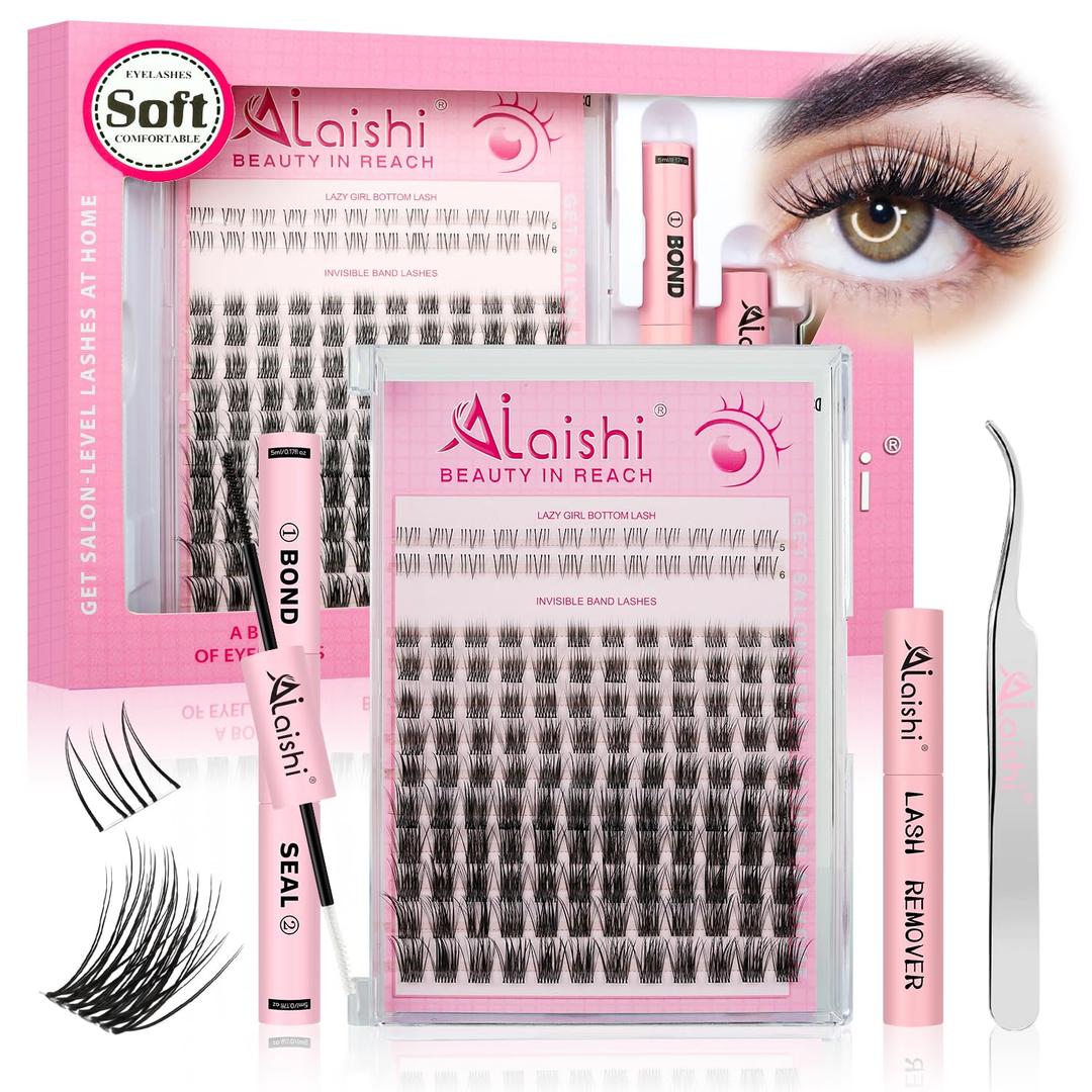 Lash Clusters Kit, DIY Cluster Eyelash Extensions 516mm,144pcs Fluffy D Curl Natural Lashes with Bond and Seal,Remover, TweezersNatural Fake Cat Eye Individual Manga Clusters 1-5-L