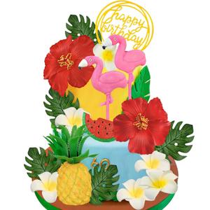 2 x Yisquar Hawaiian Flower Cake Toppers Flamingo Cake Topper Summer Cake Decorations with Pineapple and Hibiscus Flower Palm Leaves for Tropical Hawaii Aloha Luau Flamingo Themed Party Supplies