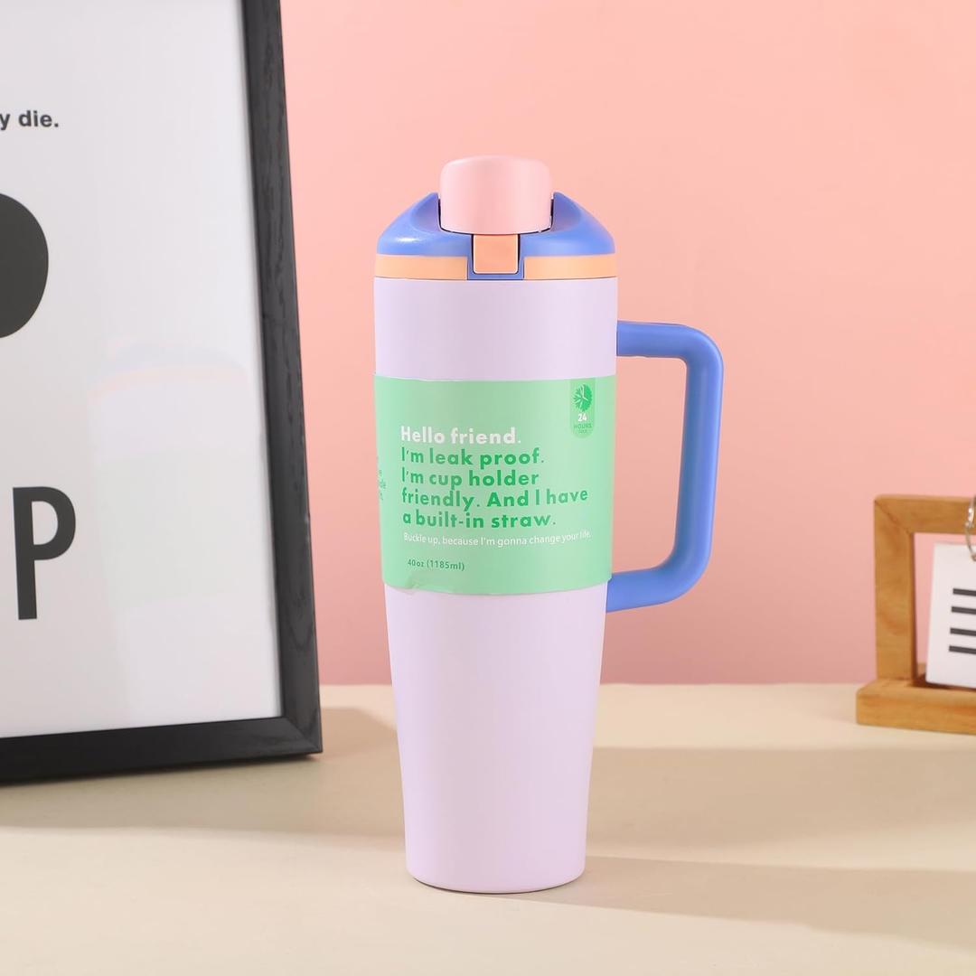 Insulated Stainless Steel 40oz Tumbler with Handle & Built-In Flip Straw | Leak-Proof, BPA-Free Water Bottle for School, Sports & Travel (light purple)