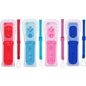 4 Packs Classic Remote Controller Compatible for Wii Wii U Console, Gamepad with Soft Silicone Sleeve and Wrist Strap (Red+Blue+Pink+Dark Blue)