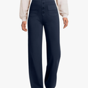 keriffe Women's Straight Leg Pants High Waisted Button Stretchy Business Work Dress Casual Trousers Multiple Pockets, Navy Blue, Extra Small