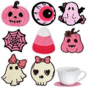 2 x SiliFine 17 Pcs 4 Inch Pink Halloween Punch Needle Coaster Cute Embroidery Ghost Candy Corn Pumpkin Skull Bat Eyeball Spider Web Coaster for Home Office Party Decor Table Decoration