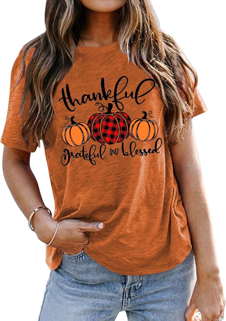 Thanksgiving Shirts for Women: Thankful Grateful Blessed Shirt Thanksgiving Pumpkin Tshirts Short Sleeves Fall Tops (X-Large, Khaki)