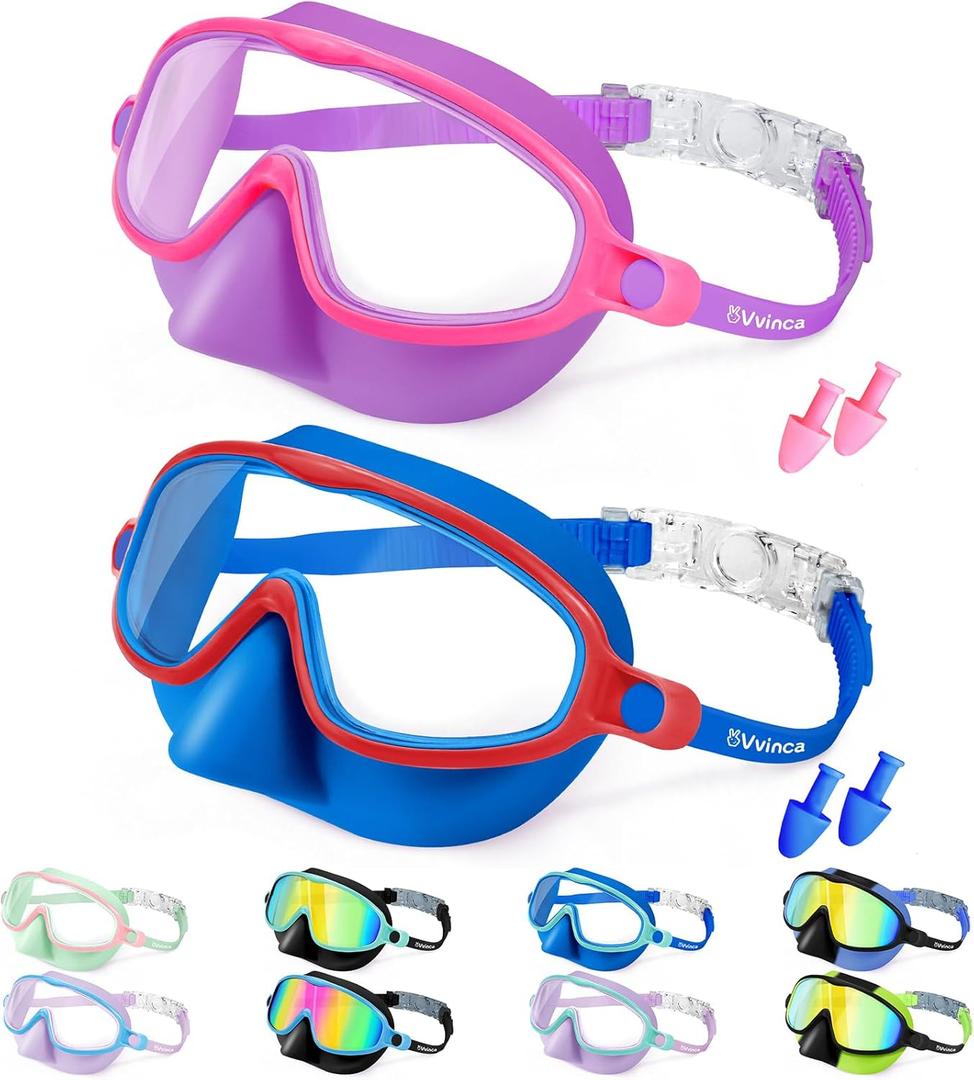 Vvinca Swim Goggles with Nose Cover, 2 Pack Wide View Diving Mask Anti-Fog UV No Leak Toddlers Swimming Goggles for Kids 3-15 (03-Blue Red& Pink)