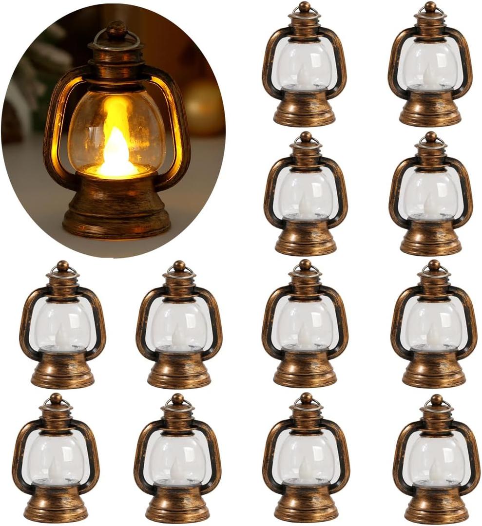 12 Pcs Mini Lanterns Decorative with LED Candle for Western Cowboy Xmas Home Decor Small Hanging Lantern Ornaments Camping Table Centerpiece Vintage Lantern Ornament (Gold)