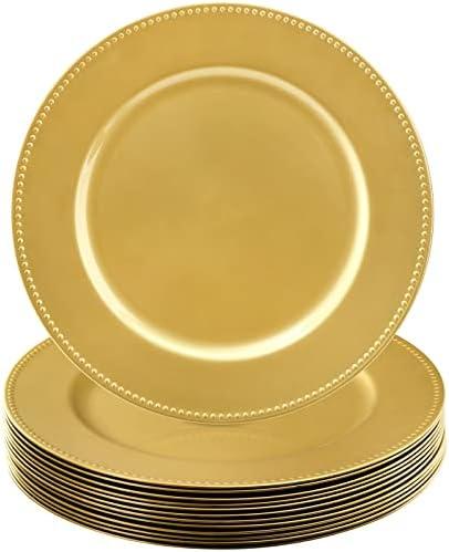 Okllen 11 Pack Plastic Gold Charger Plates, 13" Round Beaded Decorative Dinner Chargers for Wedding, Catering Event, Tabletop Decor