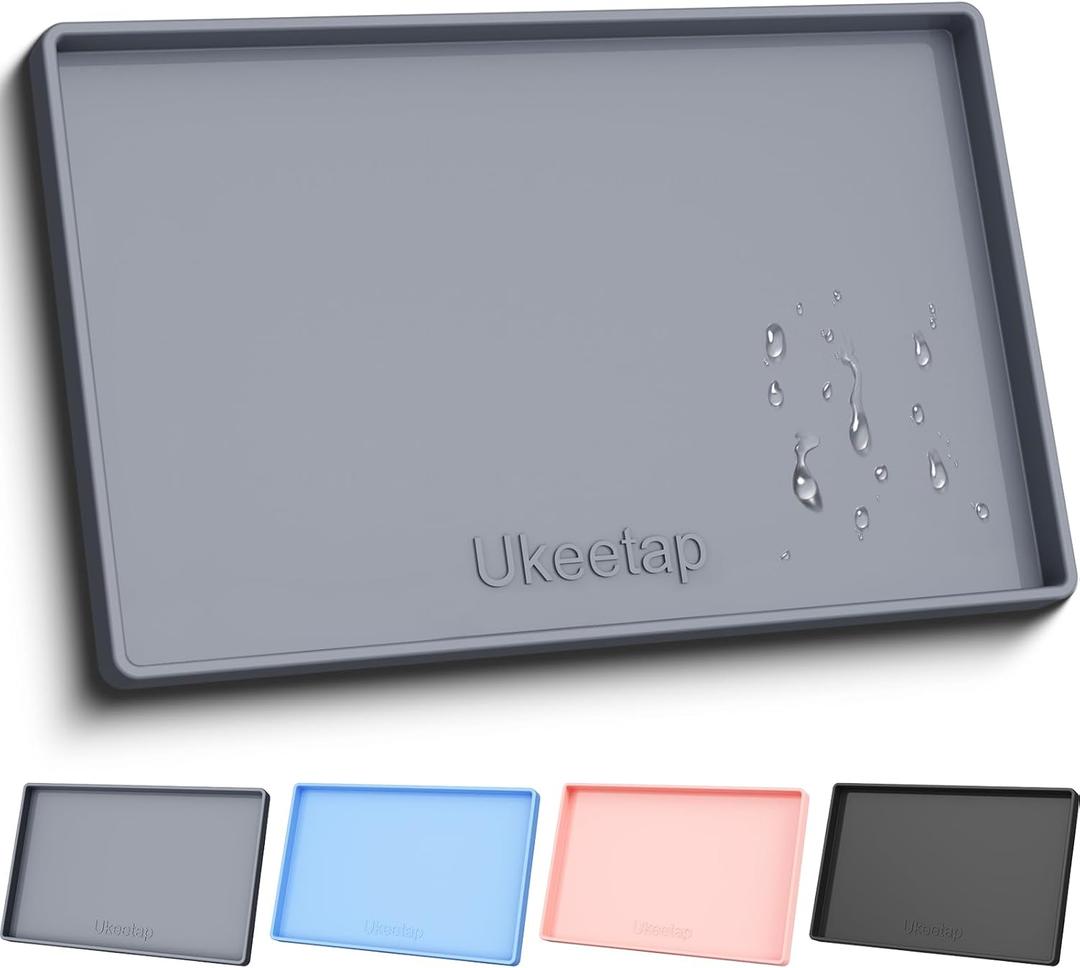 ukeetap Extra Thick Silicone Mat Waterproof with Raised Edge 19 x 12, BPA Free Non-Slip Dog & Cat Food Mat, Feeding Mat for Food and Water Bowls, Spill Proof Mat to Protect Floors, Gray