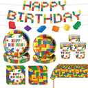 Building Block Birthday Party Supplies Colorful Building Block Party Decorations Includes Paper Plates Napkins Cups Banner Tablecloth for Boys Kid’s Birthday Party Decorations, Serve 24