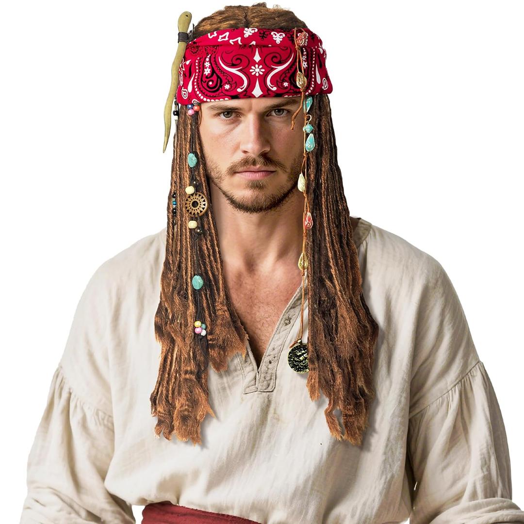 Pirate Captain Costume Wig for Men Women Cosplay Halloween Party Costume Props Bandana Braid Beads Accessories (Brown)
