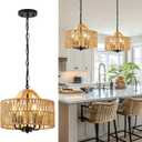 12.5 Rattan Pendant Light Fixtures, 4-Light Boho Chandelier with Woven Drum Shade, Farmhouse Dining Room Ceiling Hanging Lamp, Small Wicker Coastal Pendant Lighting for Kitchen Island Hallway