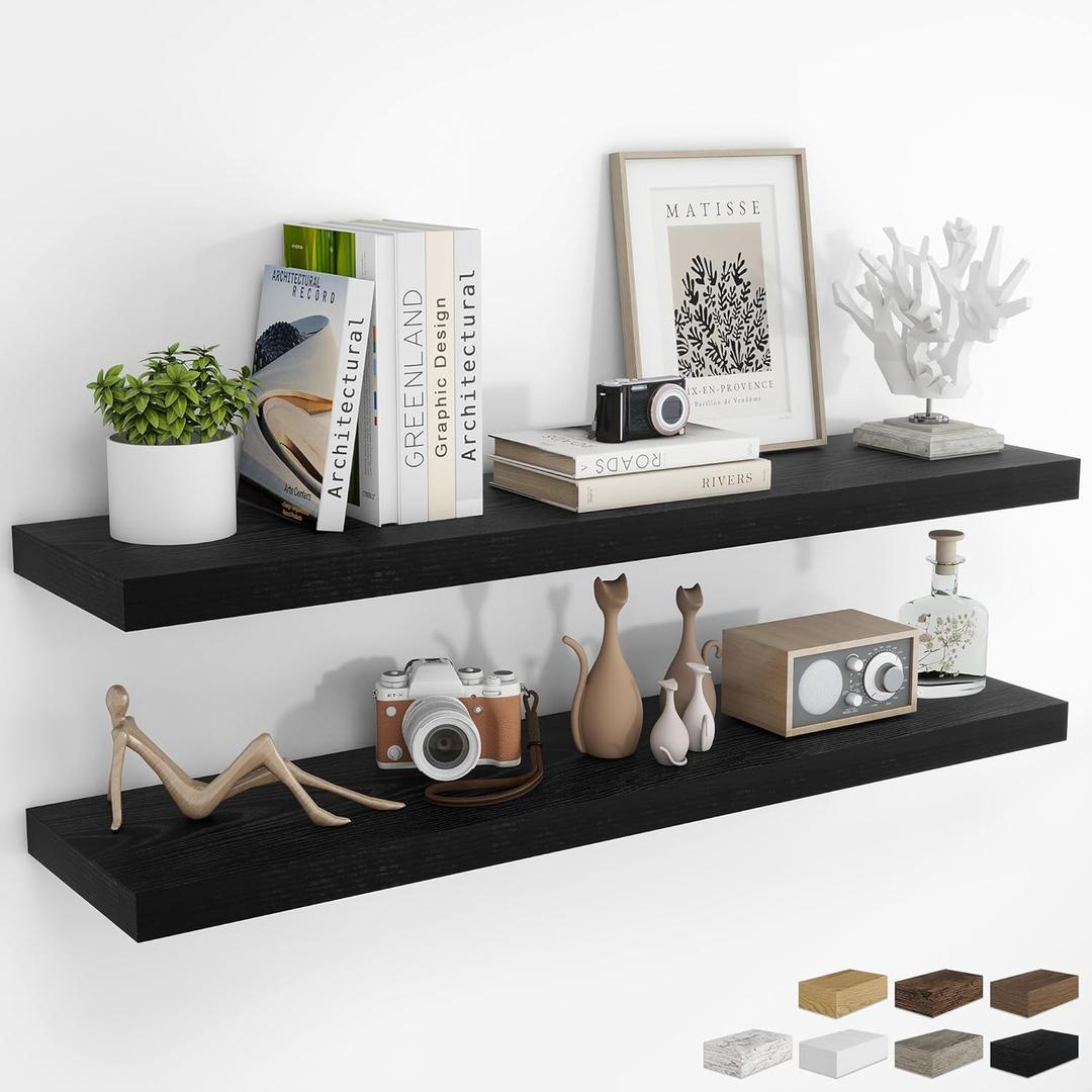 48Inch Floating Shelves for Wall 2 Pack Shelves for Bedroom|Kitchen|Bathroom Wall Mounted Rustic Wood Floating Shelf with Invisible Brackets for Books|Storage|Decor, Black (48 Inch)